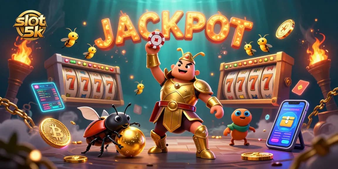 Play slot 5k to win, featuring vibrant 3D beetles and jackpot elements in a dynamic casino scene.