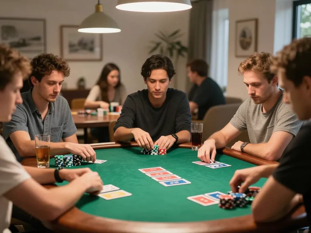 Players enjoying a poker game using sunwinapk at a home night gathering, showcasing strategy and camaraderie