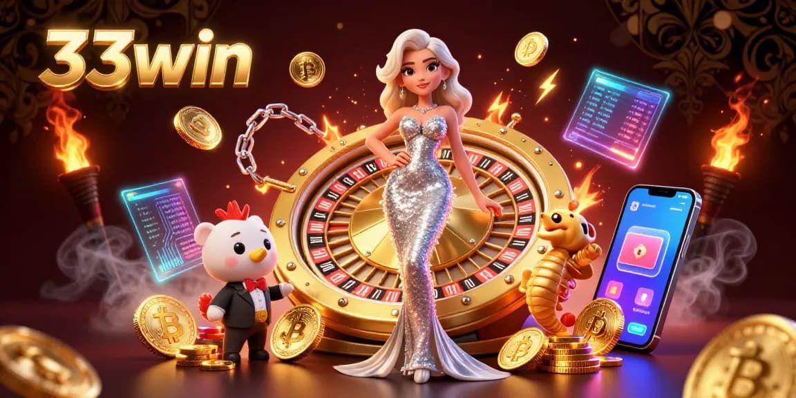 Experience the thrilling action of 33win casino, featuring a dazzling roulette wheel and engaging crypto elements.