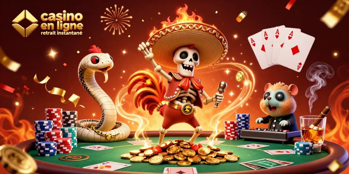 Profitez d'un casino en ligne retrait instantané avec des personnages festifs sur un fond éclatant.