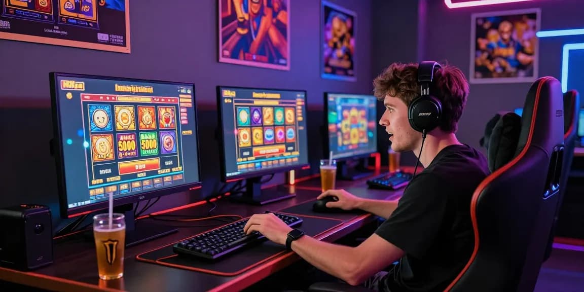 Exciting gaming scene showcasing a player engaging with slot deposit 5000 games on multiple screens, illuminated by colorful LED lights.
