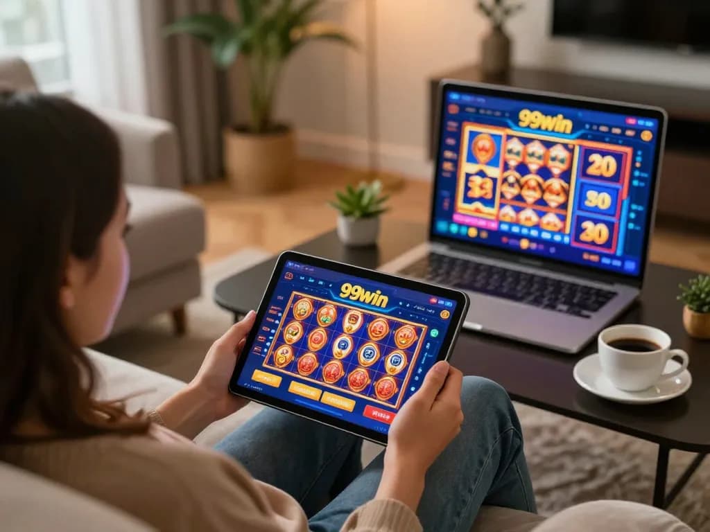 Player engaged in online gaming on the 99win platform, showcasing interactive casino games in a cozy setting