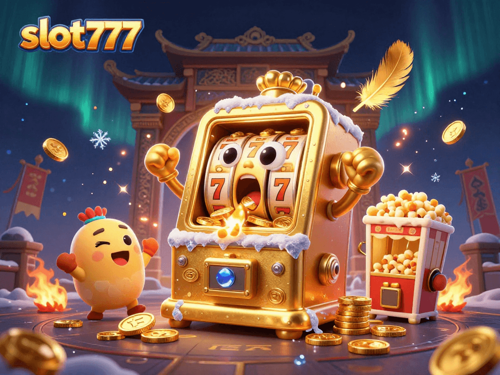 slot777 spins jackpots with golden coins as cartoon slot machines celebrate in vibrant casino art