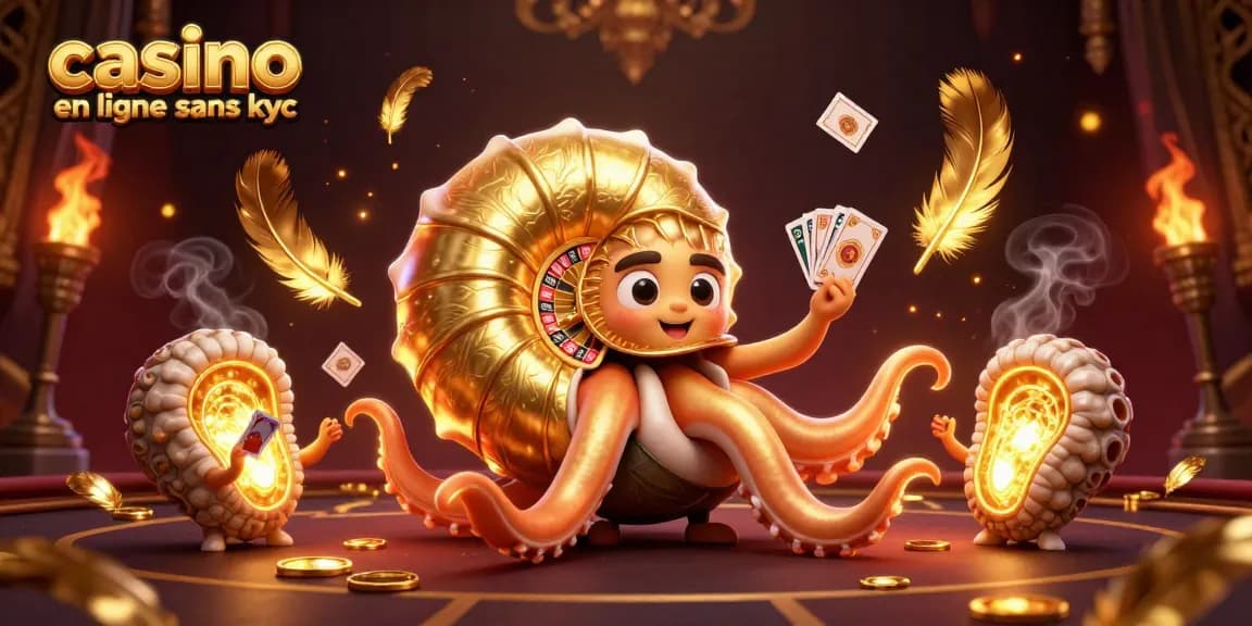 Jouez sur casino en ligne sans KYC avec un nautilus géant tenant des cartes et entouré de lumière dorée.