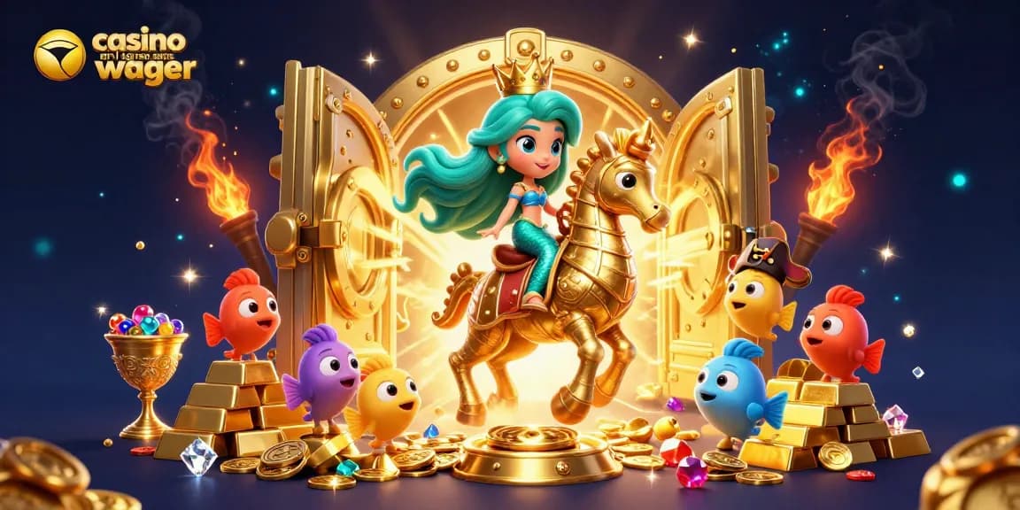 Visualisez le monde coloré du casino en ligne sans wager, avec une princesse sirène et un hippocampe doré.