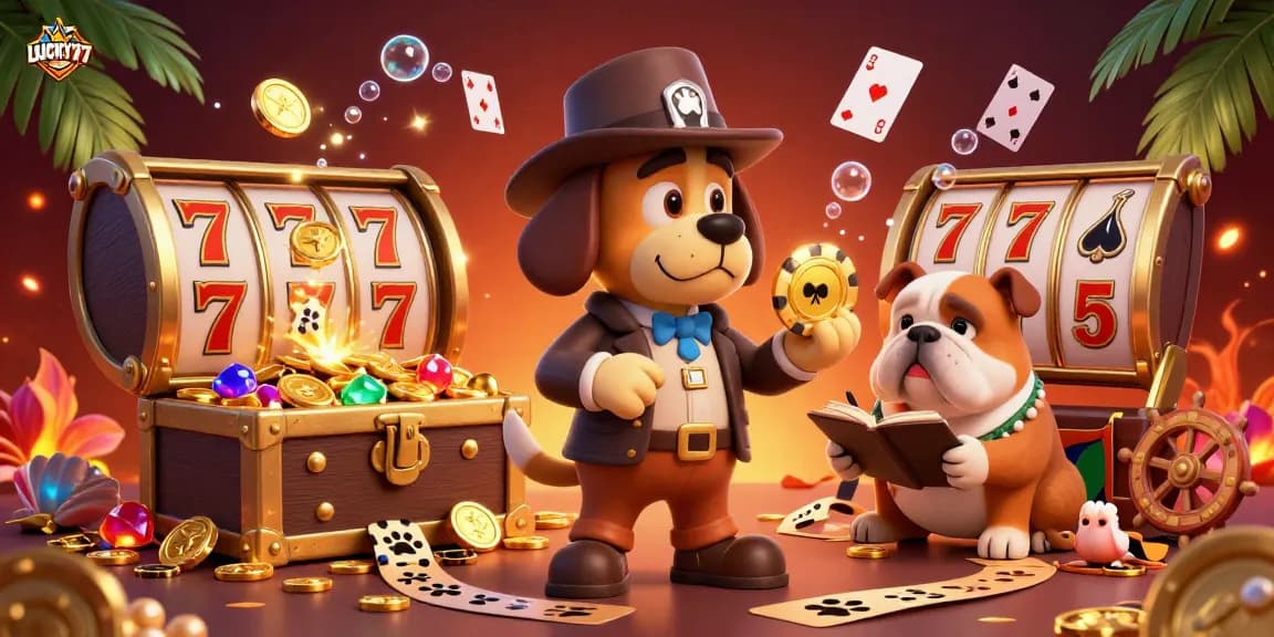 Experience LUCKY77 with our vibrant 3D illustration showcasing a detective and bulldog uncovering treasure and slot game excitement.
