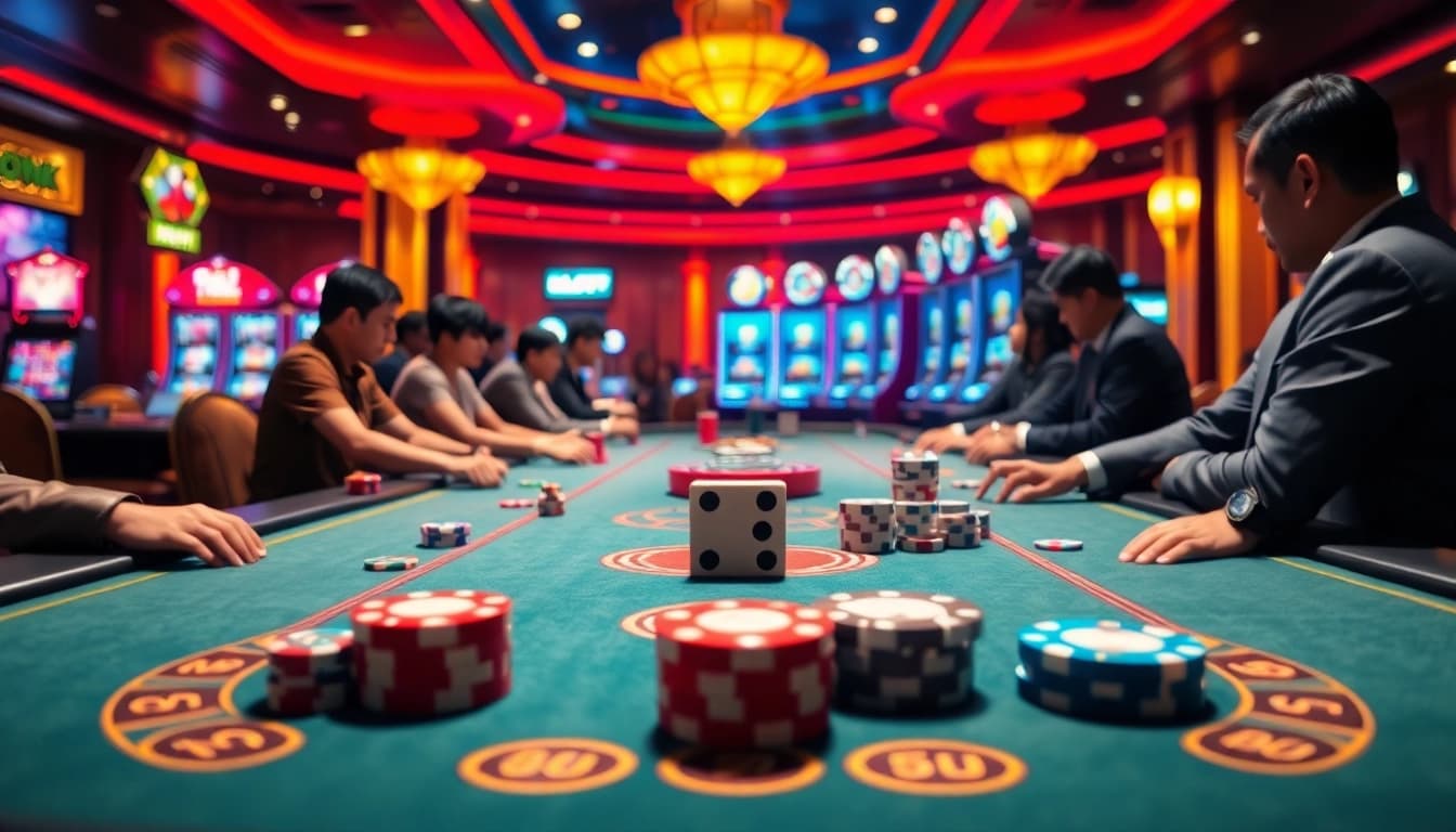 Permainan yang mendebarkan di togel sumo dengan elemen kasino yang berwarna-warni dan pemain yang terlibat.