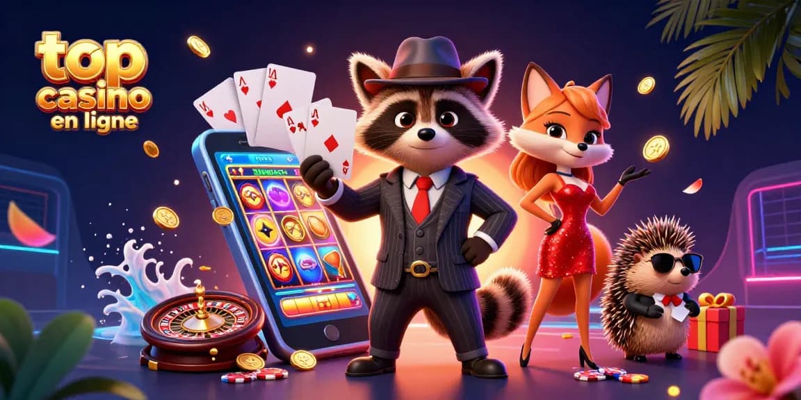 Vivez l'excitation au meilleur casino en ligne avec une scène de jeu vibrante mettant en vedette un raton laveur et ses amis.