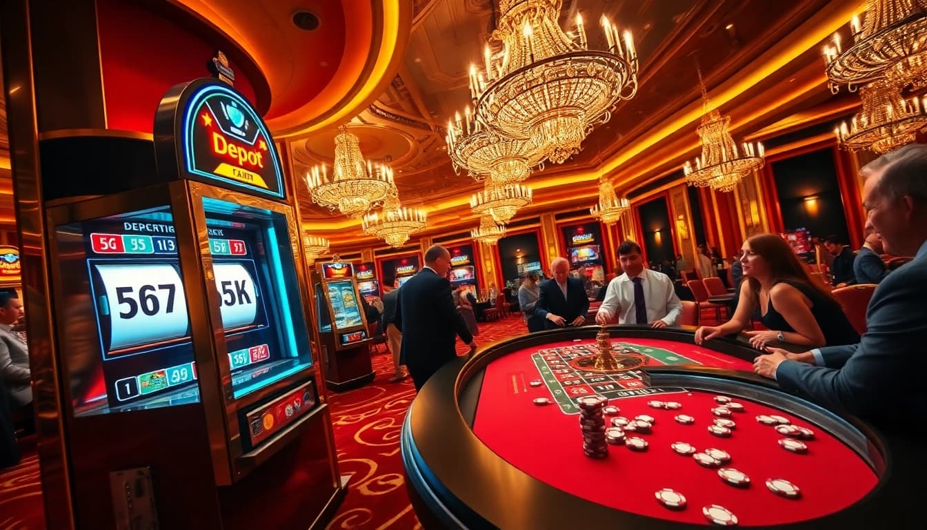 Players enjoying the excitement of depo 5k at a luxurious casino slot machine and roulette table.