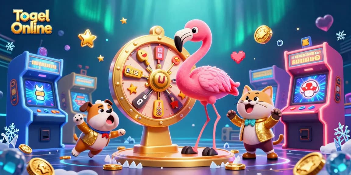 Immerse in Togel Online gameplay excitement with a luxurious prize wheel and animated characters.