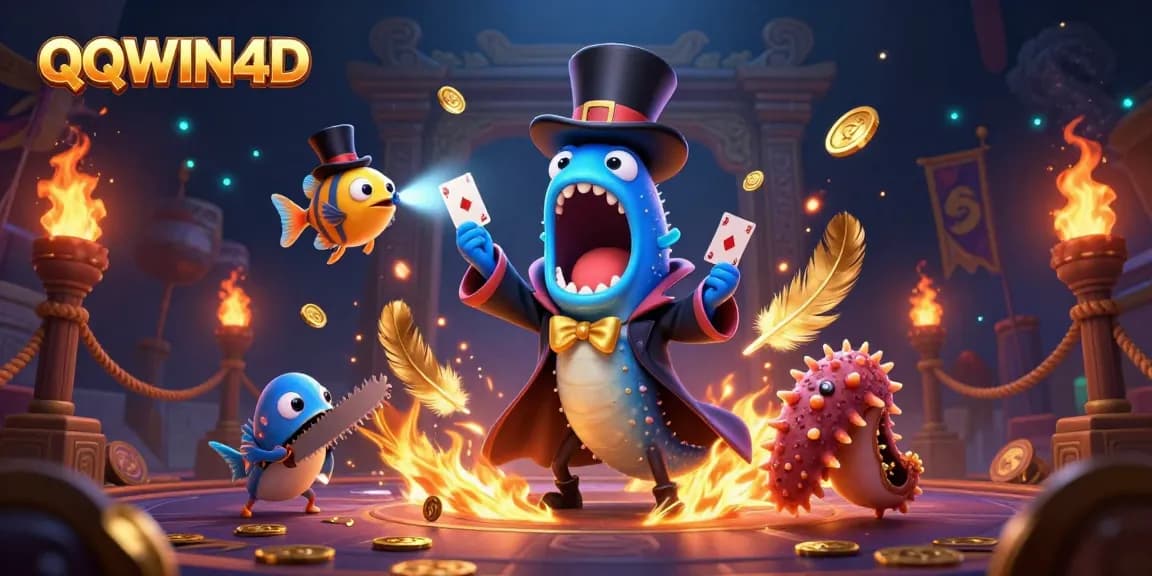 QQWIN4D memukau dengan aksi sulap dalam ilustrasi kasino yang penuh warna dan detail.