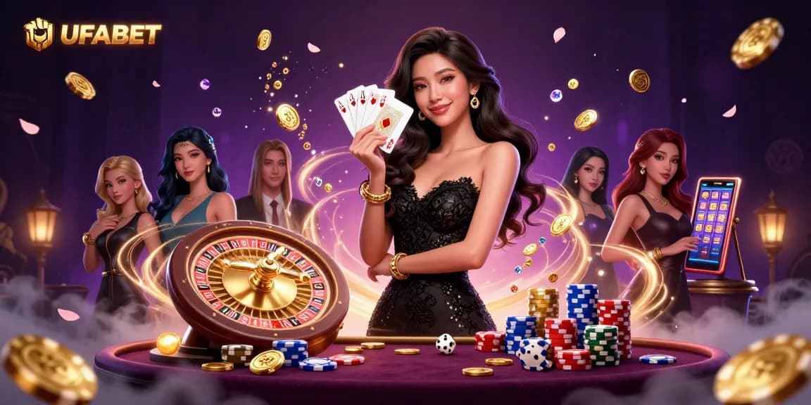 Experience UFABET with stunning gameplay featuring an elegant woman holding playing cards amid casino riches.