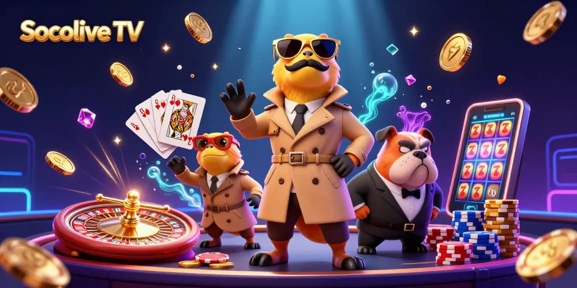 Socolive TV presents animated raptors sneaking into a VIP casino, surrounded by coins and gaming elements.