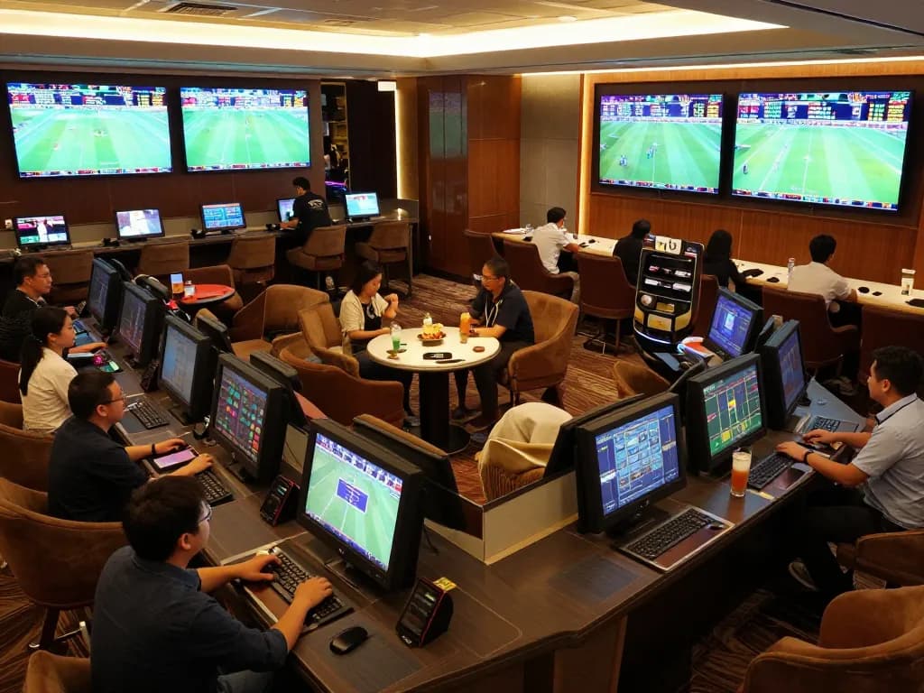 Pemain taruhan olahraga Toto Macau terlibat dalam suasana taruhan langsung yang menarik di sebuah lounge modern.
