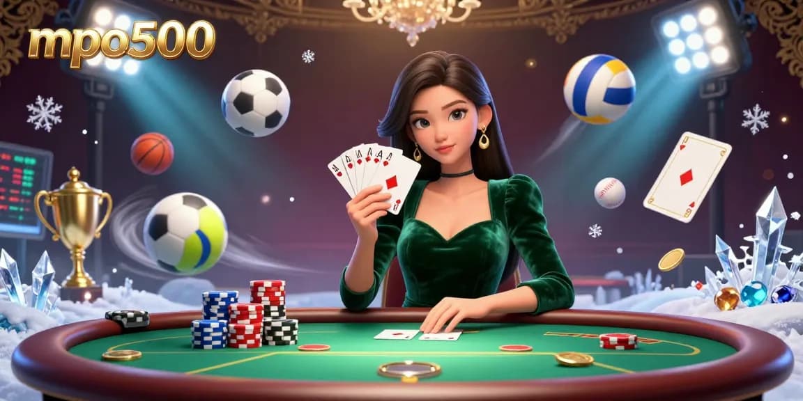 Engage in thrilling games at mpo500 with a beautiful Asian woman showcasing her poker hand at a luxury table.