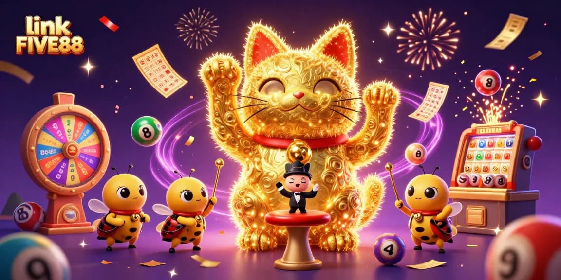 Experience the excitement with link FIVE88 as colorful lottery balls dance around a lucky cat in a vibrant casino scene.