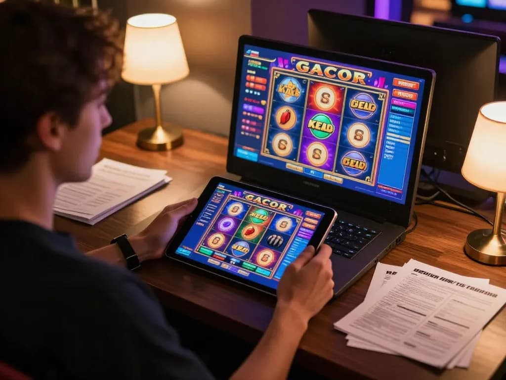 Engaging with slot gacor games on a tablet in a cozy home gaming setup.