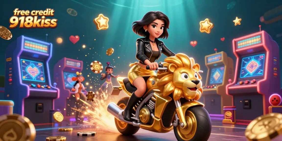 Experience free credit 918kiss with a glamorous woman riding a golden lion mascot amidst vibrant casino elements.