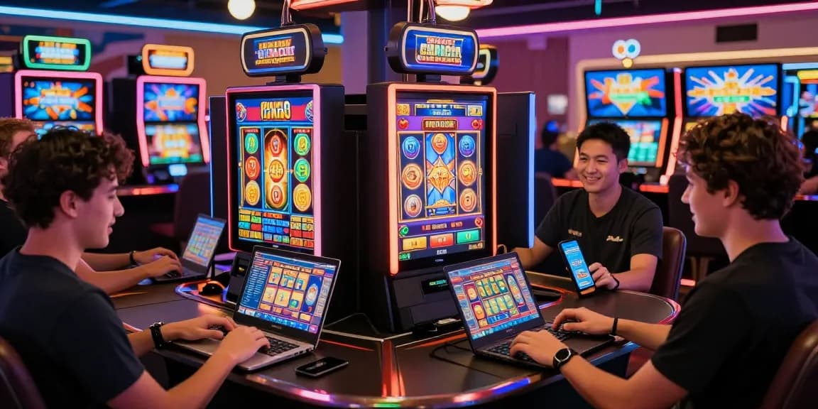 Excited players enjoying slot gacor games on various devices in vibrant online casino setting.