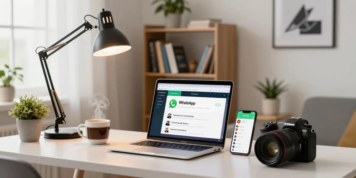 Using WhatsApp電腦版 on a modern desk setup with a laptop and smartphone, creating a professional home office ambiance.