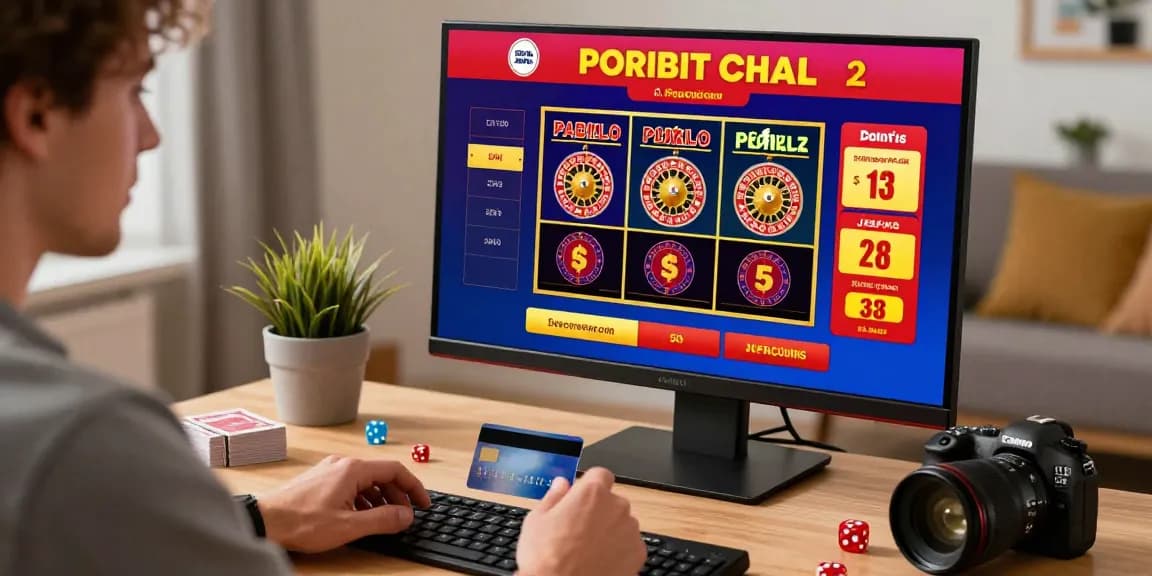 Player engaging with credit card casinos online at a vibrant home workstation with games on display.