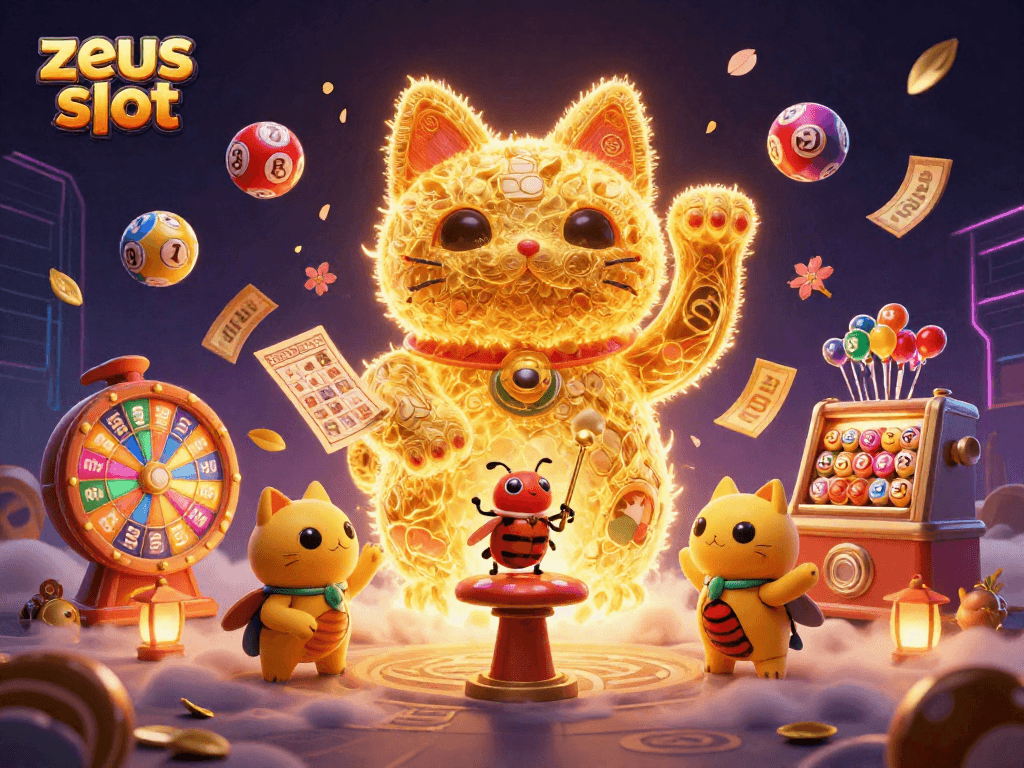 Engage with zeus slot as golden fireflies and a lucky cat create a captivating casino spectacle.