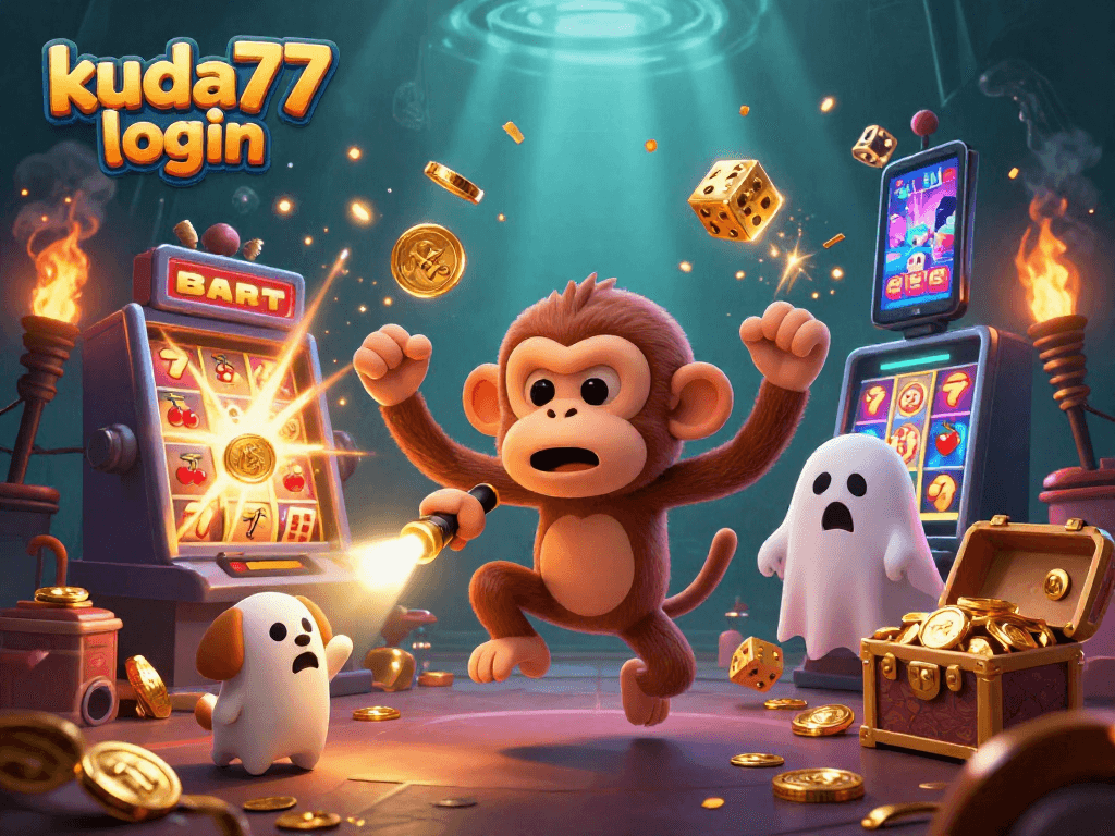 Mengakses kuda77 login sambil beraksi dalam kasino dengan karakter kartun dan mesin slot.