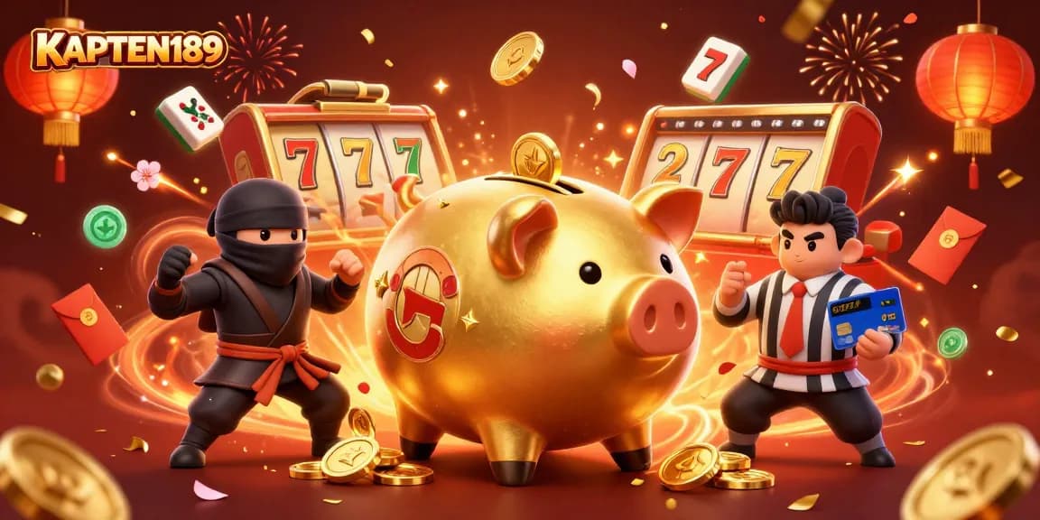 KAPTEN189 merayakan kemenangan besar dengan slot online gacor dan simbol keberuntungan yang berkilau.