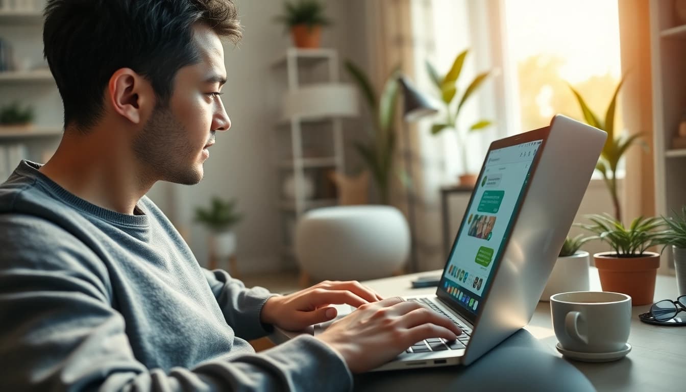 在笔记本电脑上使用 WhatsApp Web 的人，展示 快连VPN 通信。