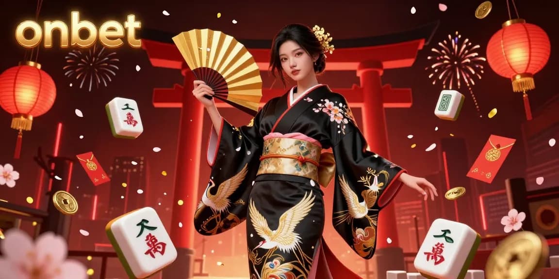 Bet and win at onbet with a vibrant casino scene featuring a stylish Asian woman in a kimono and mahjong tiles.