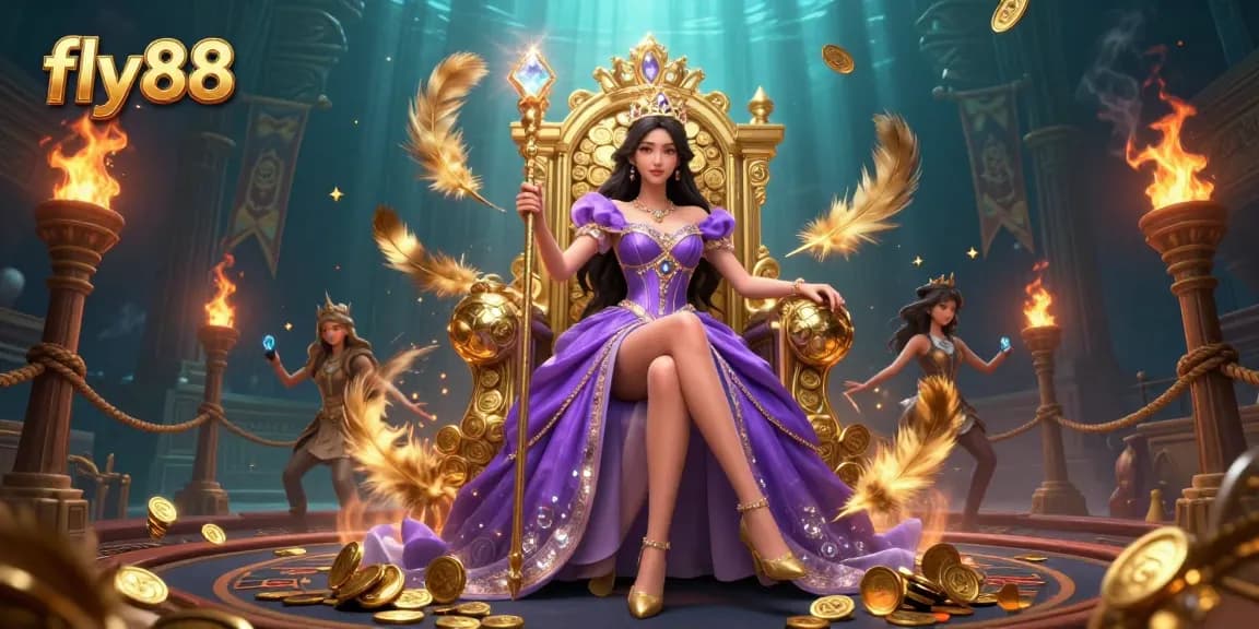 Experience gaming action with fly88 in a magical casino illustration featuring golden scepters and coins.