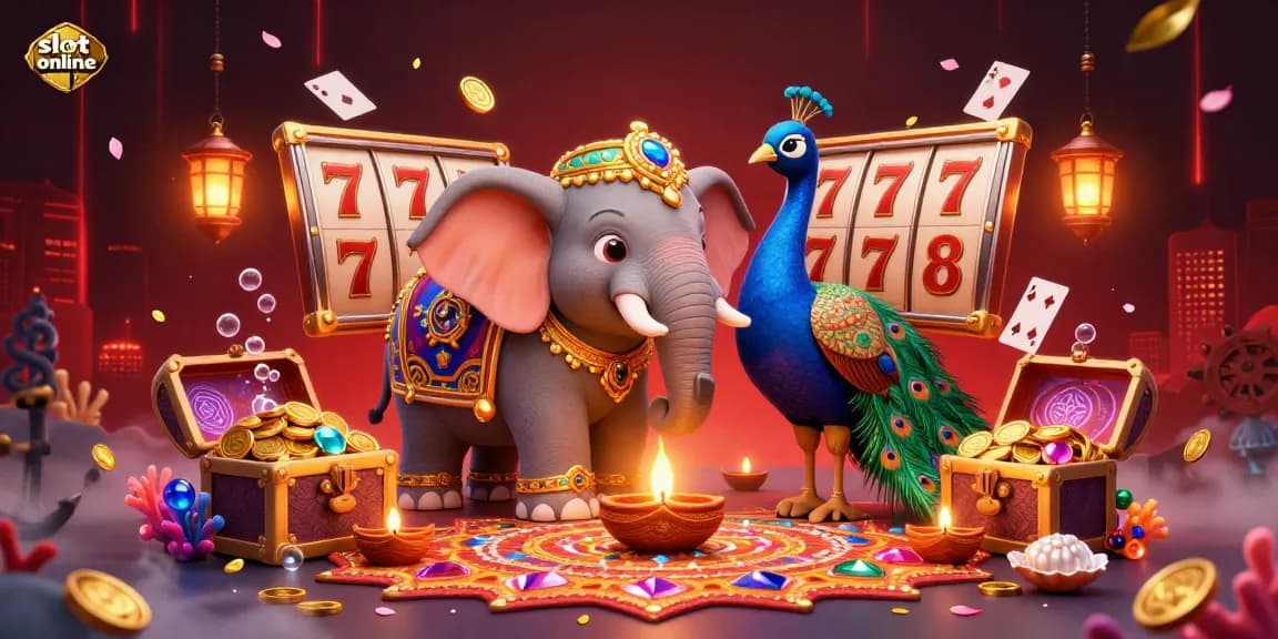 Engage with thrilling slot online adventures featuring a vibrant scene of a Diwali-themed elephant, colorful gems, and shining rewards.