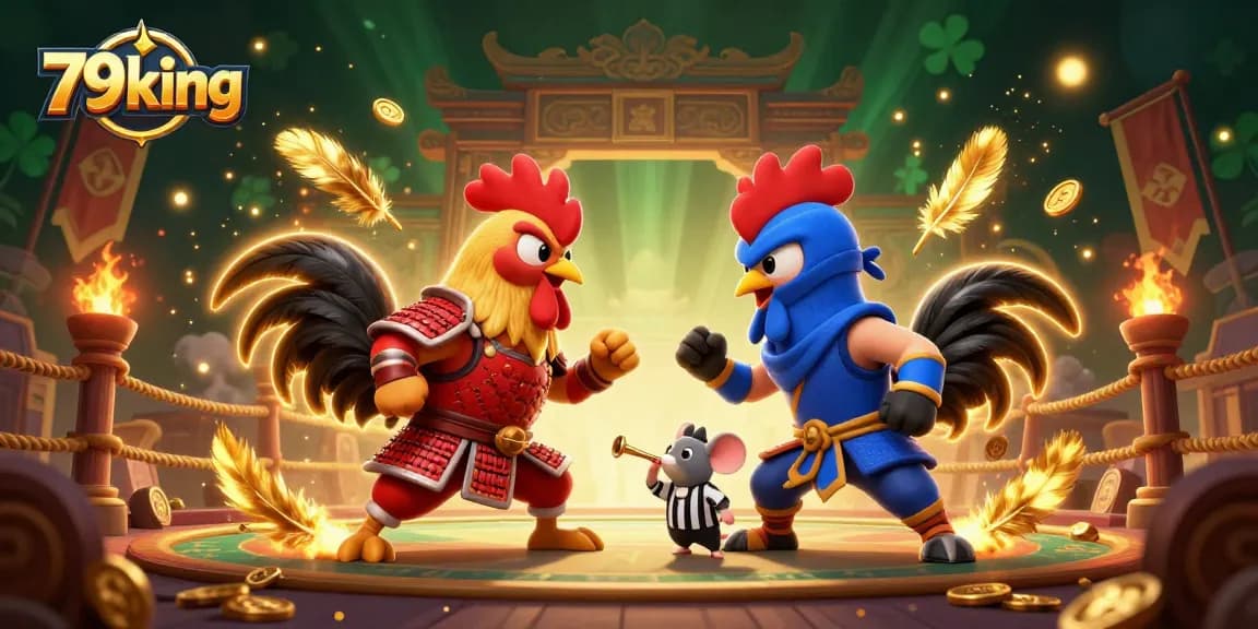 Encounter thrilling action with the 79king roosters in battle, showcasing casino elements and vibrant energy.