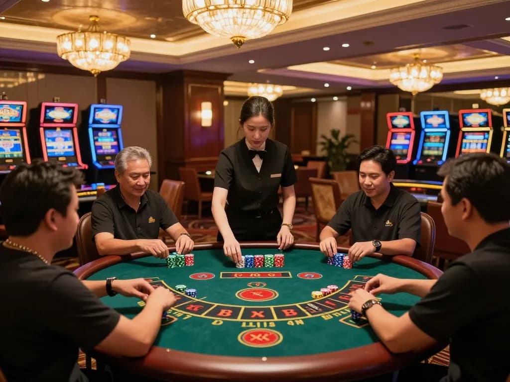 Xóc đĩa game in action with players placing bets and a dealer managing the game in a vibrant casino setting.