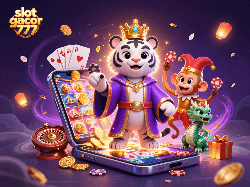 Engage in slot gacor 777 excitement with a vibrant 3D scene featuring unique casino characters.