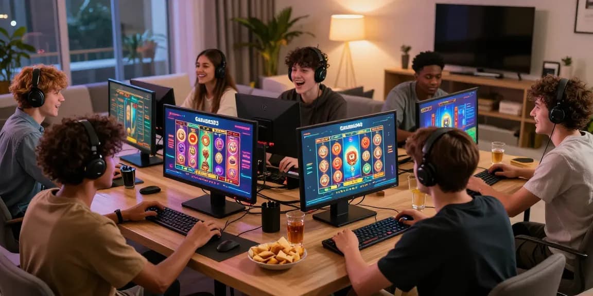 Players engaging with Garuda303 online gaming platform in a vibrant lounge setting.
