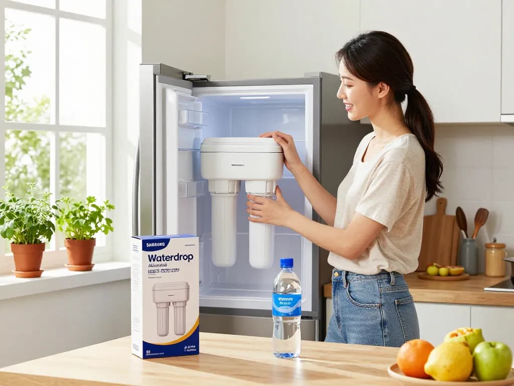 Young woman installing Waterdrop Alkaline DA29-00020B Replacement for Samsung® Water Filter HAF-CIN/EXP in bright kitchen filled with fresh produce.