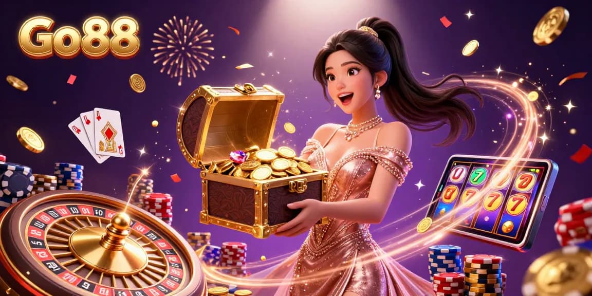 Go88 presents an exciting casino scene with a joyful Asian woman showcasing treasures surrounded by gaming elements.
