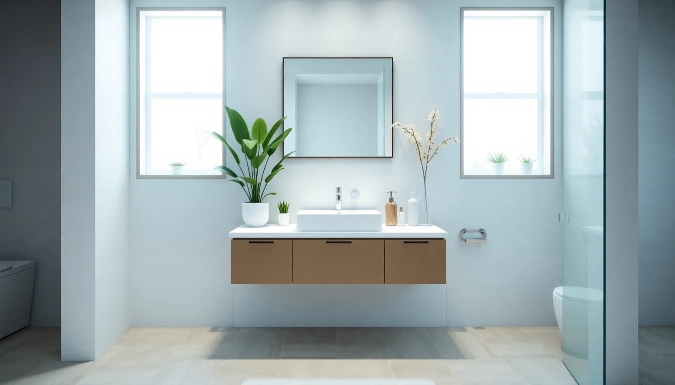 Experience a small bathroom remodel with a modern vanity and natural light.