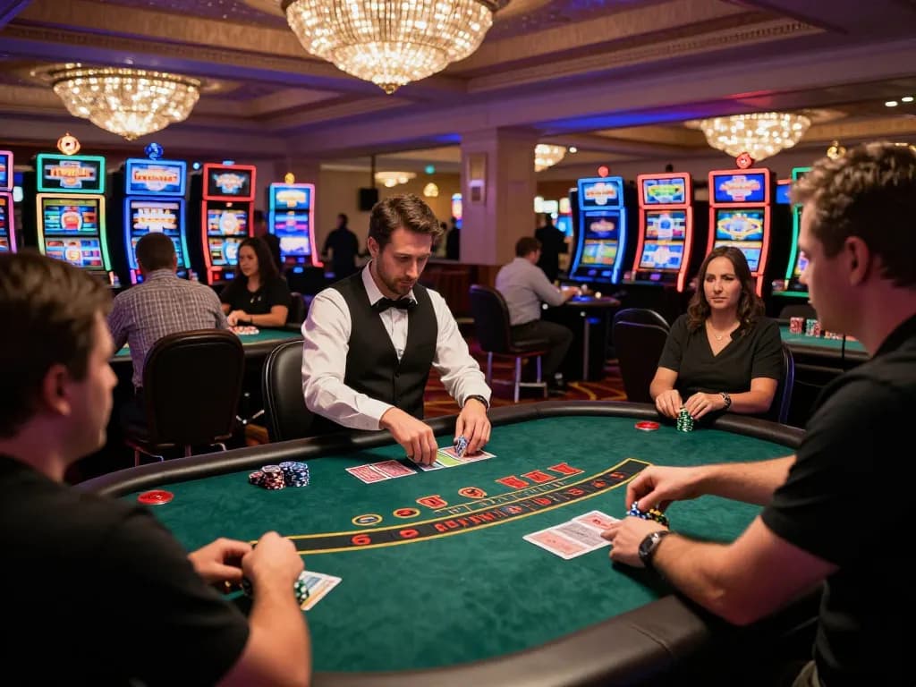 Players engaging in strategic gameplay at a bustling blackjack table in a Vegas casino highlighting nano banana flash.