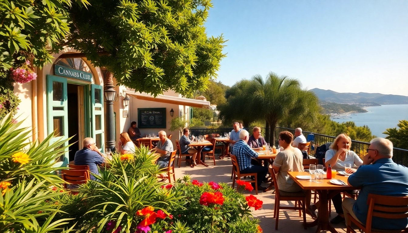 Members celebrating at the Costa Brava Cannabis Club's outdoor space with stunning views.
