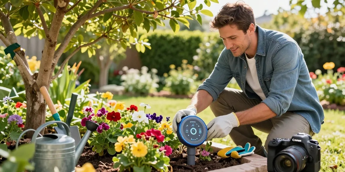 Effortlessly using the RainPoint WiFi water timer in a beautiful garden for efficient plant care.
