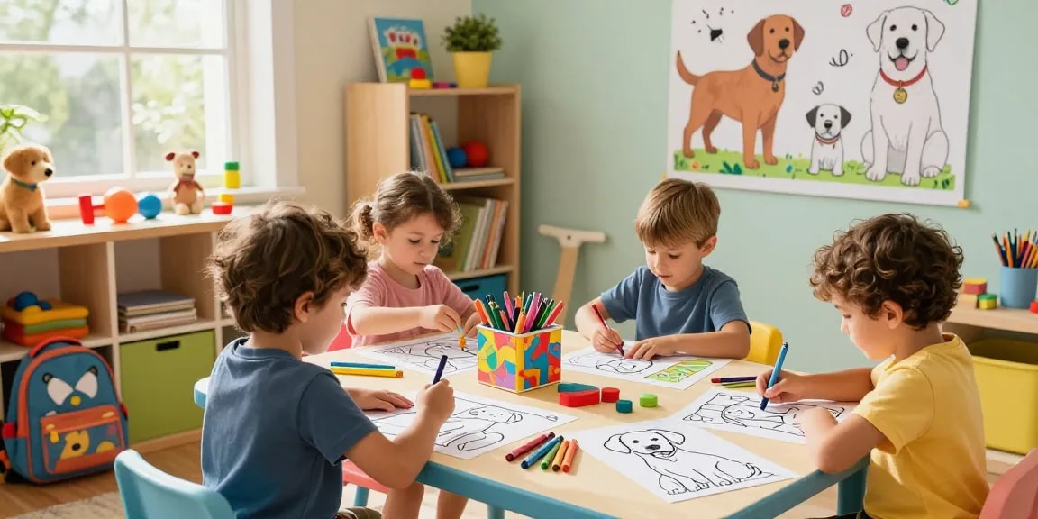 Easy coloring for preschoolers with vibrant Labrador Retriever pages, kids happily coloring in a playroom.
