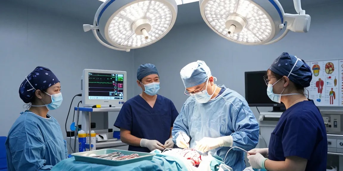 Beyin ameliyatı being performed by a skilled surgeon in a modern operating room, showcasing advanced surgical equipment and a dedicated medical team.