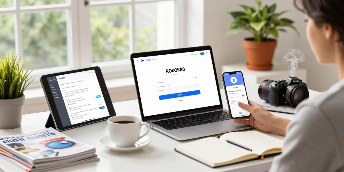 Engaging with ROKOK88 login on a modern workspace, showcasing digital tools and resources.