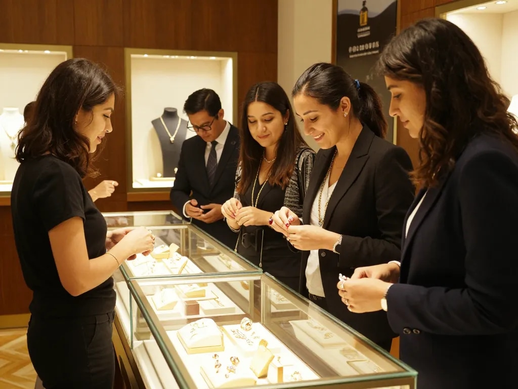 Customers admiring luxury jewelry in this website's elegant showroom