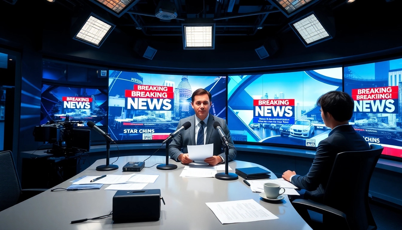 Captivating news report in a dynamic newsroom featuring technology and professional atmosphere.