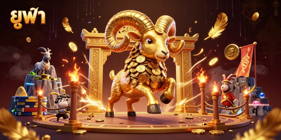 Experience the thrilling ยูฟ่า moment as the golden ram charges through a vibrant casino arena.
