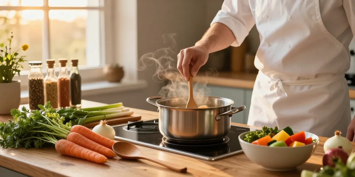 Leckere Klare Suppe, die mit frischen Zutaten in einer gemütlichen Küche köchelt.