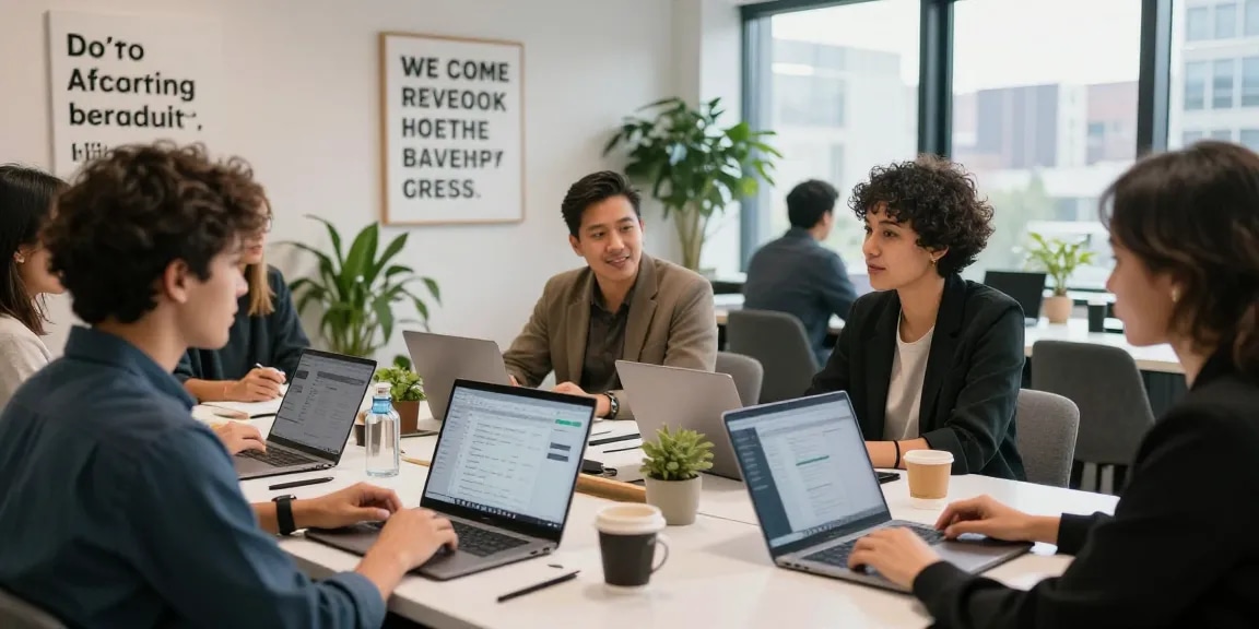 Self-employed professionals collaborating in a vibrant co-working space, showcasing entrepreneurship.